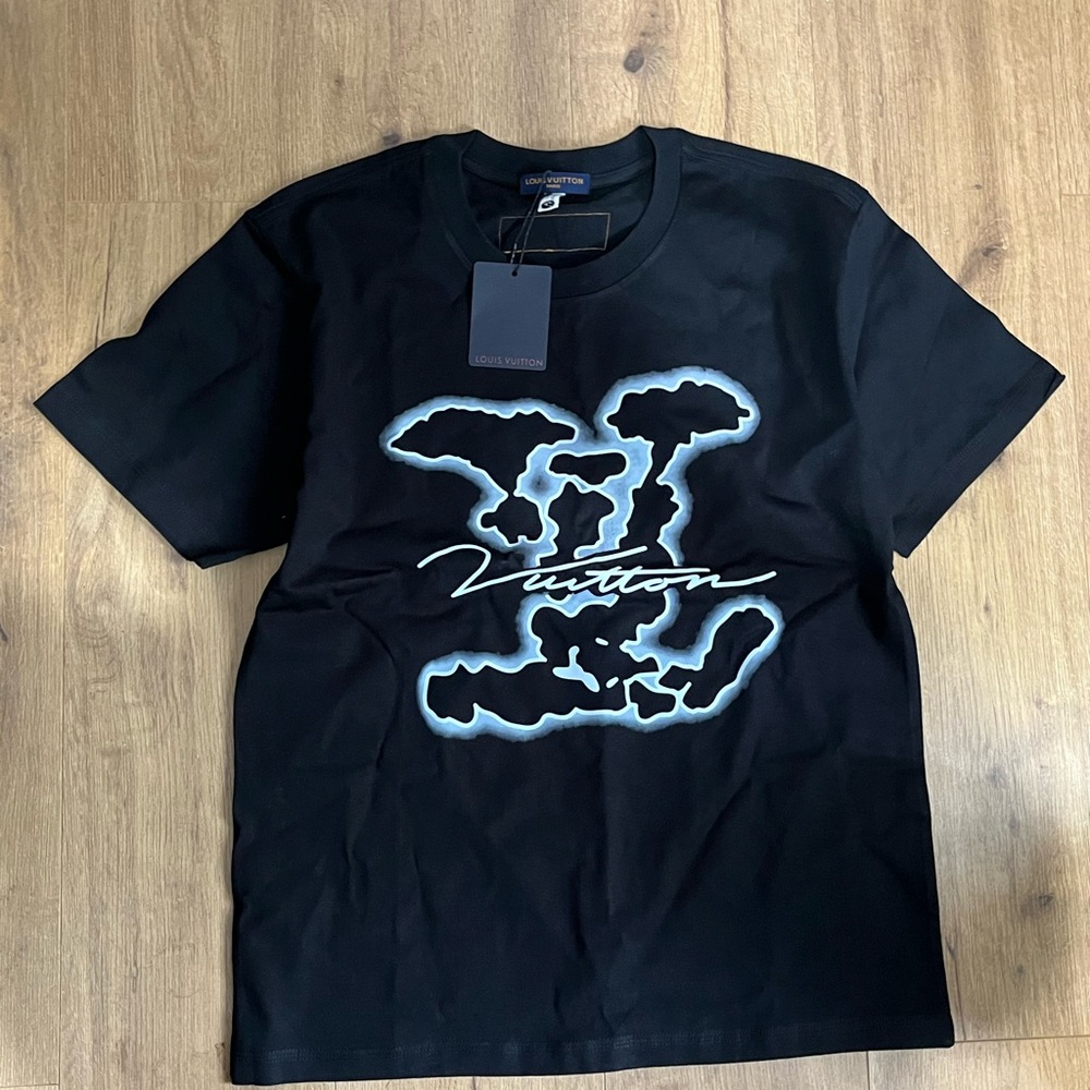 Louis Vuitton Black Short Sleeve Logo T-Shirt with Light Blue Outline